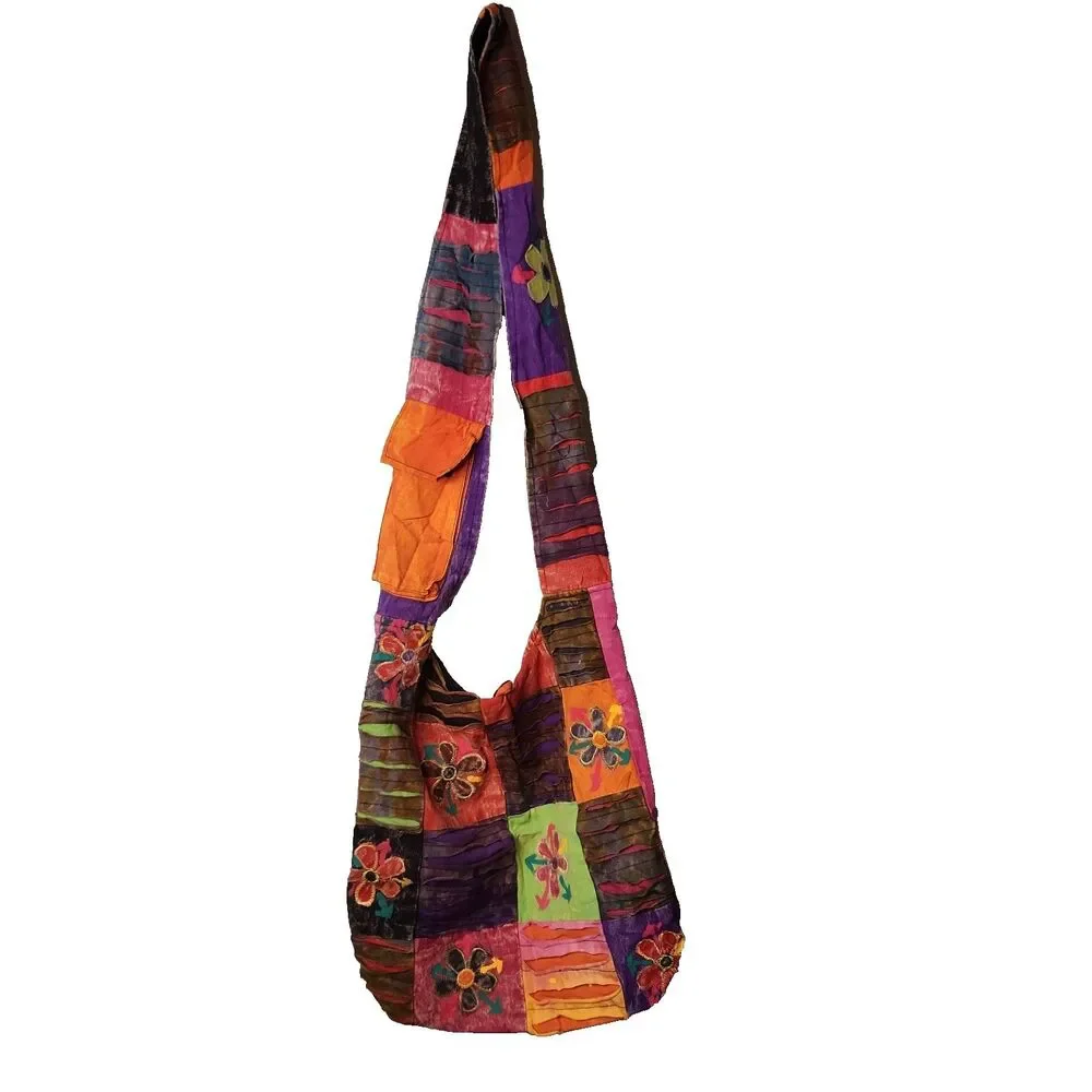 Crossbody Hobo Bag Retro Flower Power Patchwork Cotton Hippie Purse Handmade